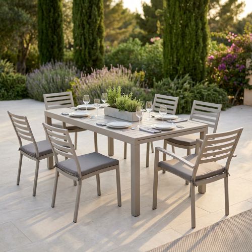 DEXTER - set tavolo in alluminio cm 200/300 x 100 x 74 h con 4 sedie e 2 poltrone Dexter