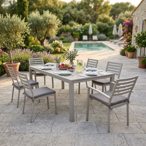 DEXTER - set tavolo in alluminio cm 200/300 x 100 x 74 h con 4 sedie e 2 poltrone Dexter