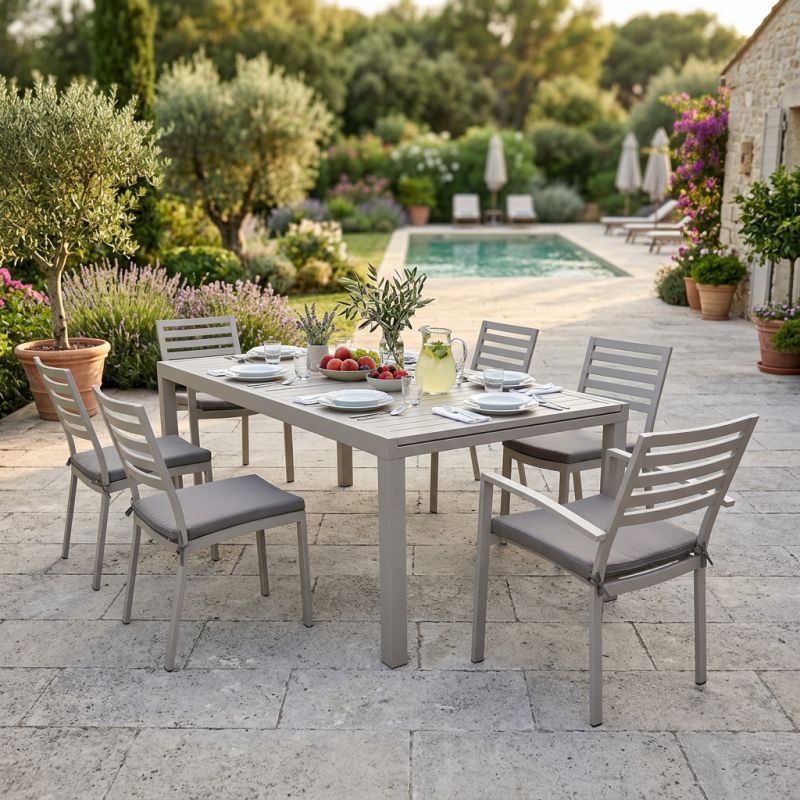 DEXTER - set tavolo in alluminio cm 200/300 x 100 x 74 h con 4 sedie e 2 poltrone Dexter