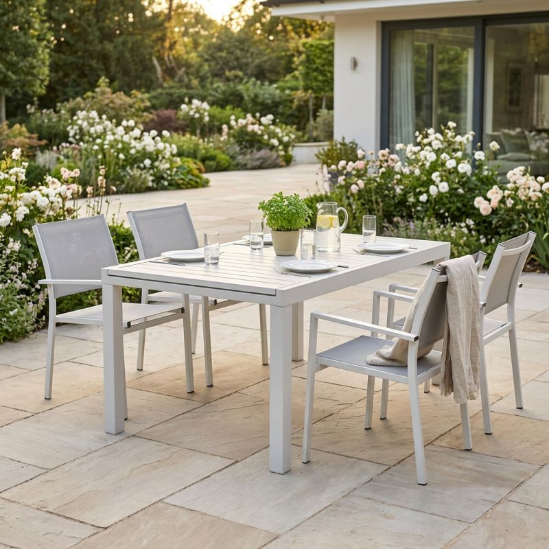 DEXTER - set tavolo in alluminio cm 160/240 x 90 x 75 h con 4 poltrone Venus