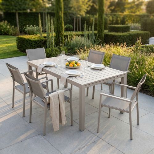 DEXTER - set tavolo in alluminio cm 200/300 x 100 x 74 h con 6 poltrone Venus