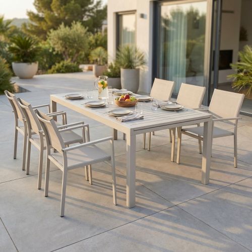 DEXTER - set tavolo in alluminio cm 200/300 x 100 x 74 h con 6 poltrone Venus