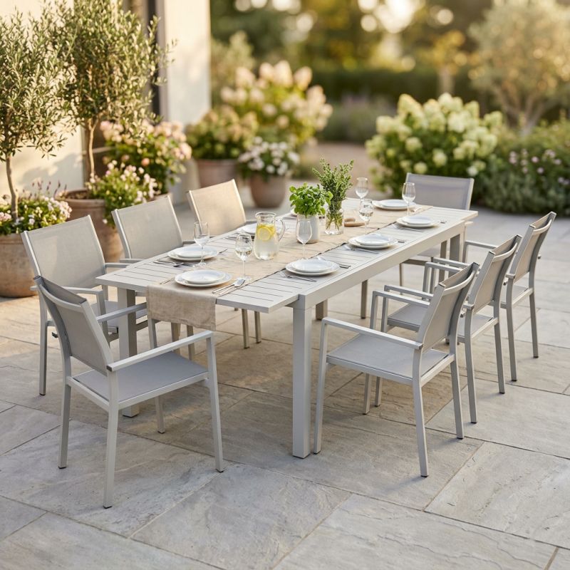 DEXTER - set tavolo in alluminio cm 200/300 x 100 x 74 h con 8 poltrone Venus