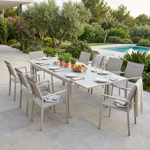 DEXTER - set tavolo in alluminio cm 200/300 x 100 x 74 h con 8 poltrone Venus