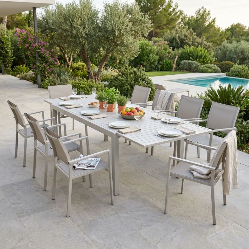 DEXTER - set tavolo in alluminio cm 200/300 x 100 x 74 h con 8 poltrone Venus