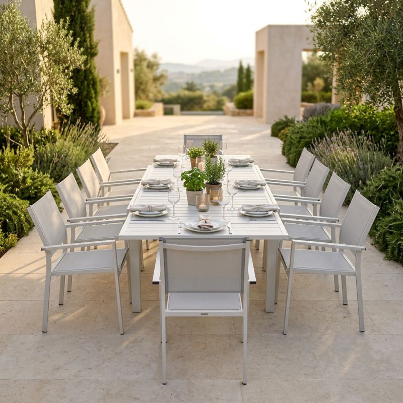 DEXTER - set tavolo in alluminio cm 200/300 x 100 x 74 h con 10 poltrone Venus