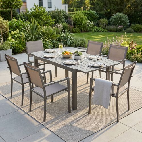 DEXTER - set tavolo in alluminio cm 160/240 x 90 x 75 h con 6 poltrone Venus