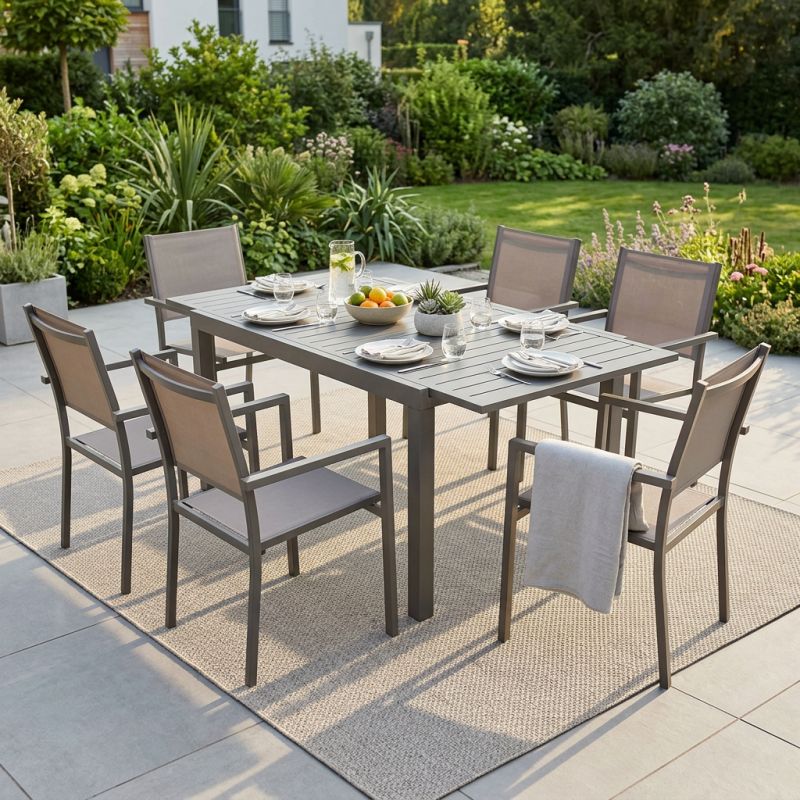 DEXTER - set tavolo in alluminio cm 160/240 x 90 x 75 h con 6 poltrone Venus