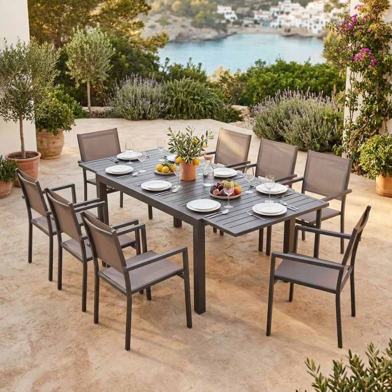 DEXTER - set tavolo in alluminio cm 160/240 x 90 x 75 h con 8 poltrone Venus