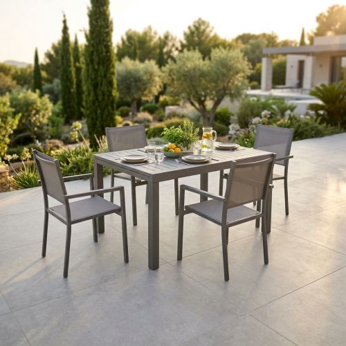 DEXTER - set tavolo in alluminio cm 160/240 x 90 x 75 h con 4 poltrone Venus