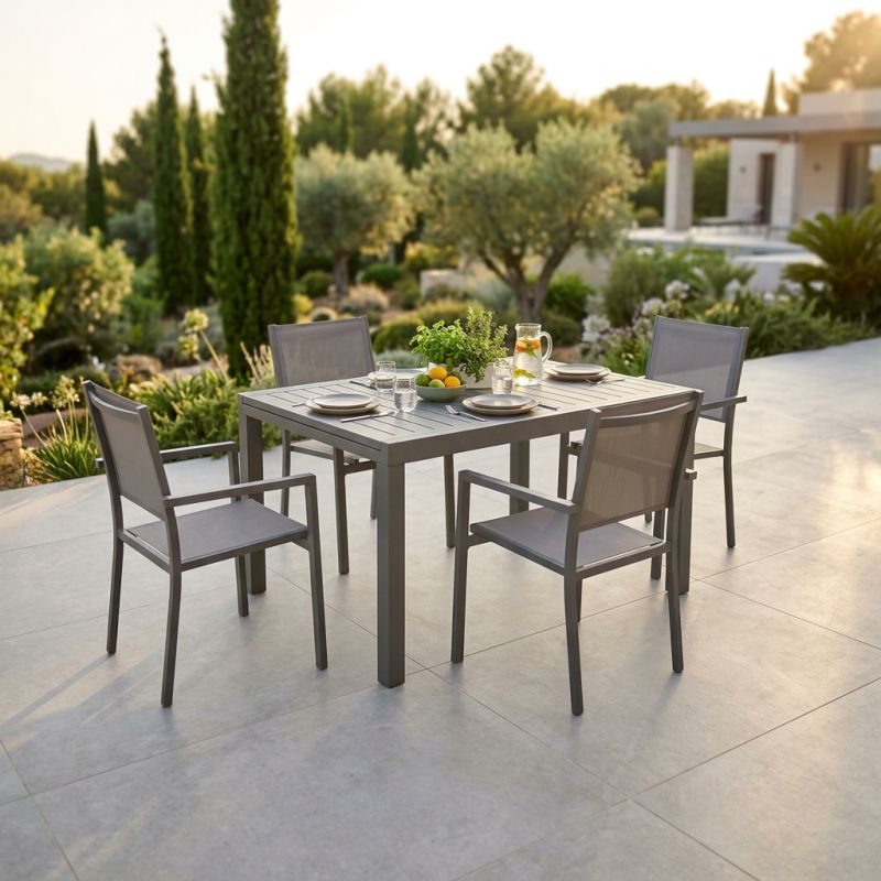 DEXTER - set tavolo in alluminio cm 160/240 x 90 x 75 h con 4 poltrone Venus