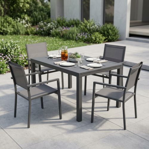 DEXTER - set tavolo in alluminio cm 160/240 x 90 x 75 h con 4 poltrone Venus