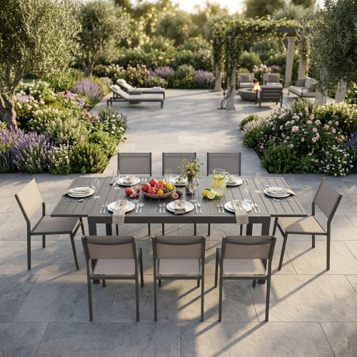 DEXTER - set tavolo in alluminio cm 160/240 x 90 x 75 h con 8 sedie Dexter