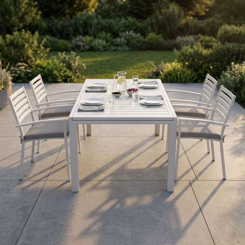 DEXTER - set tavolo in alluminio cm 160/240 x 90 x 75 h con 4 poltrone Dexter