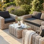 MINISTER - salotto da giardino completo di cuscini intreccio in rattan naturale