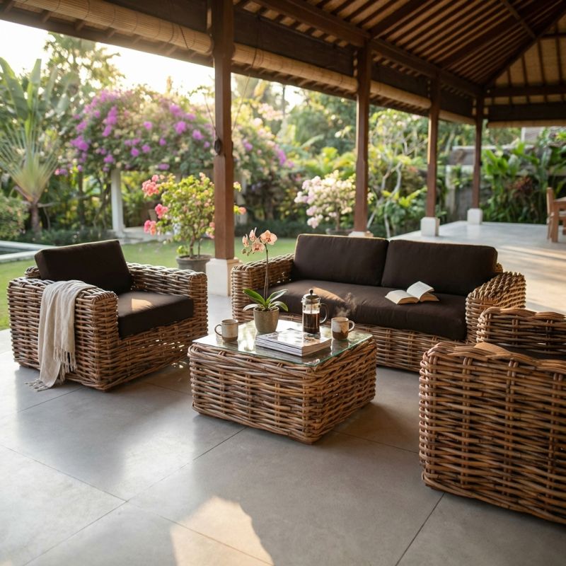 ROSEUS - salotto da giardino completo di cuscini intreccio in rattan naturale