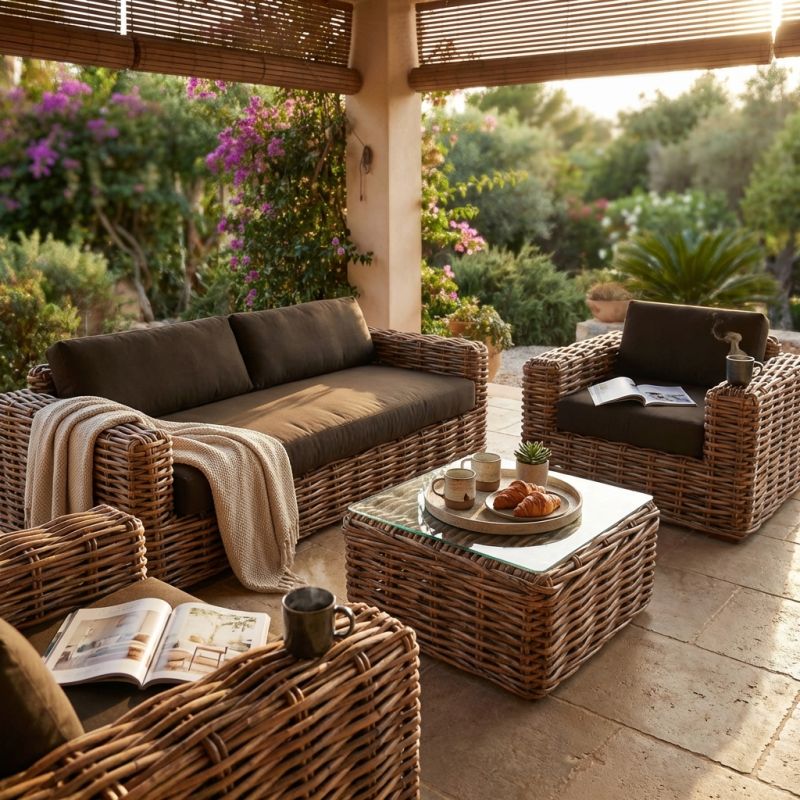 ROSEUS - salotto da giardino completo di cuscini intreccio in rattan naturale 3 posti