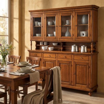 CHELSEY - credenza con vetrina in legno massello cm 196 x 43 x 218 h