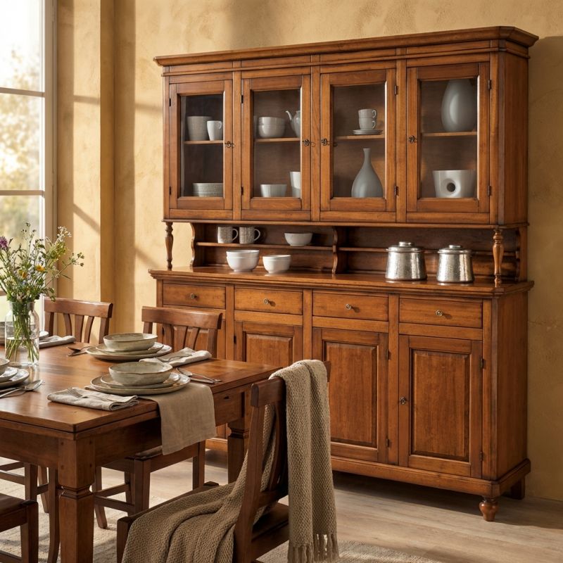 CHELSEY - credenza con vetrina in legno massello cm 196 x 43 x 218 h