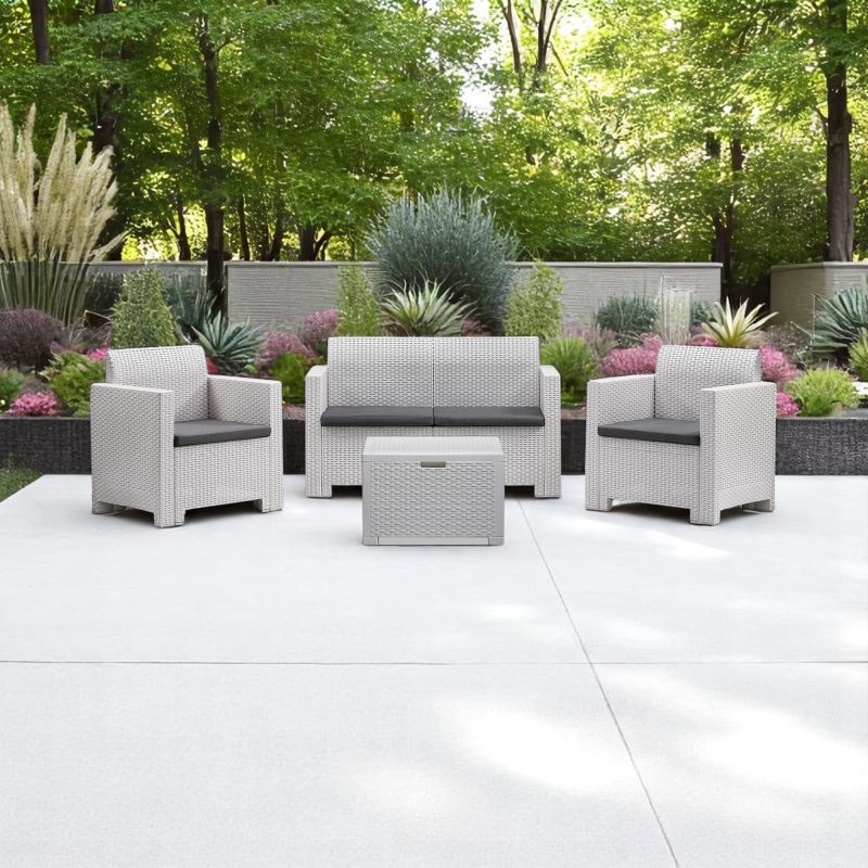 NEBRASKA - salotto da giardino completo di cuscini intreccio in rattan sintetico