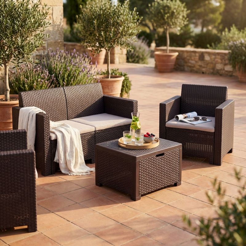 NEBRASKA - salotto da giardino completo di cuscini intreccio in rattan sintetico