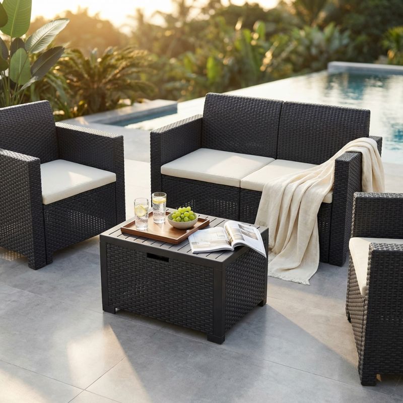 NEBRASKA - salotto da giardino completo di cuscini intreccio in rattan sintetico