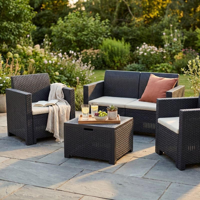 NEBRASKA - salotto da giardino completo di cuscini intreccio in rattan sintetico